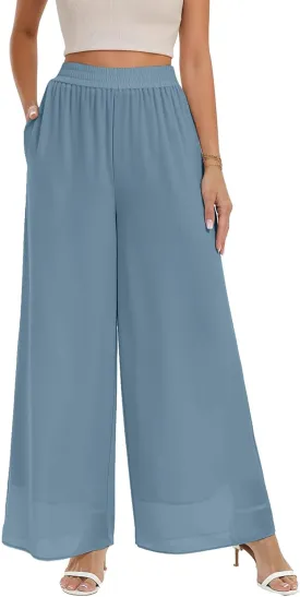 Palazzo Pants for Women Dressy Summer Casual Boho Chiffon Wide Leg Pants Elegant Flowy Beach Pants