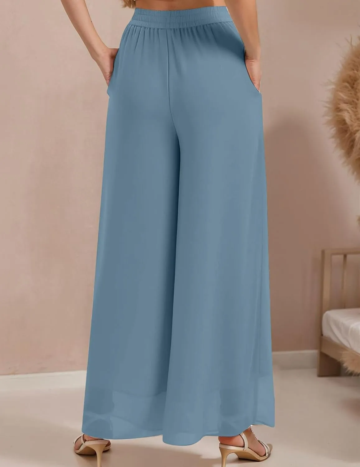 Palazzo Pants for Women Dressy Summer Casual Boho Chiffon Wide Leg Pants Elegant Flowy Beach Pants