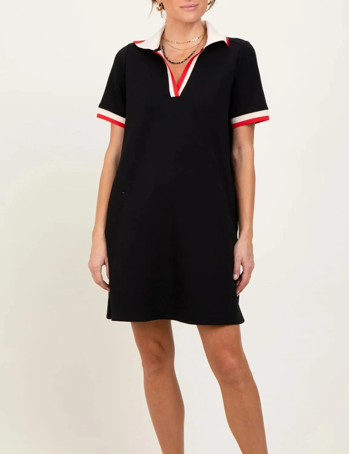 Polo Mini Dress for Women Casual V Neck Short Sleeves Tennis Dress Contrast Trim Shirt Dress with Pockets