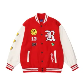 Red Varsity Jacket Vintage Smiling Face Embroidery Hip Hop Baseball Uniform PU Leather Sleeve Hip Hop Jacket