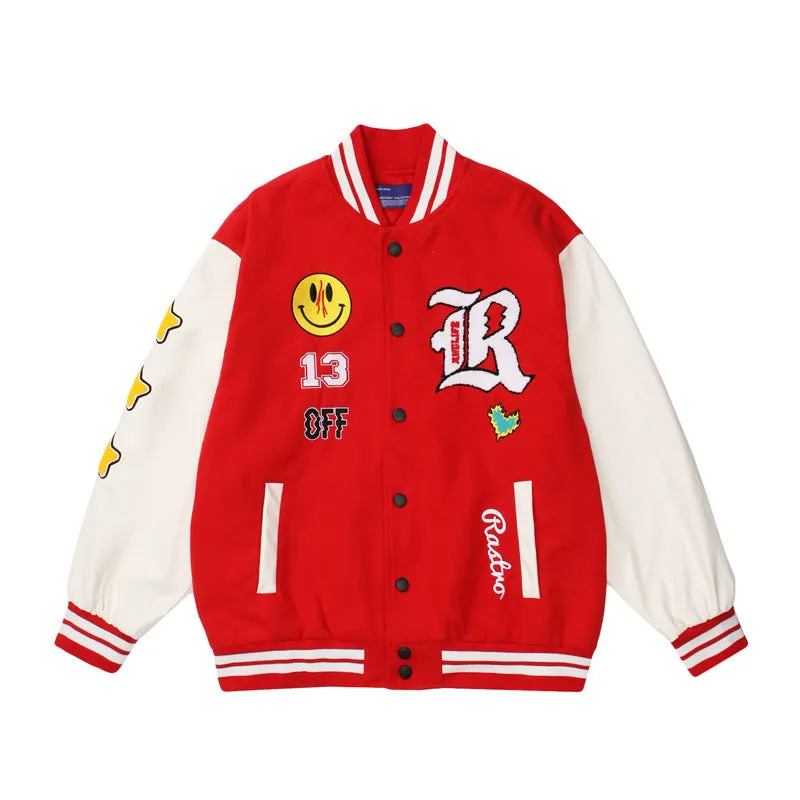 Red Varsity Jacket Vintage Smiling Face Embroidery Hip Hop Baseball Uniform PU Leather Sleeve Hip Hop Jacket