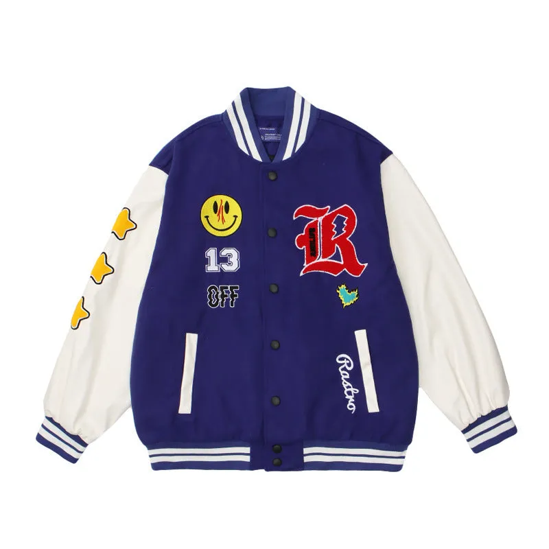 Red Varsity Jacket Vintage Smiling Face Embroidery Hip Hop Baseball Uniform PU Leather Sleeve Hip Hop Jacket