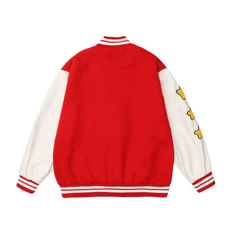 Red Varsity Jacket Vintage Smiling Face Embroidery Hip Hop Baseball Uniform PU Leather Sleeve Hip Hop Jacket