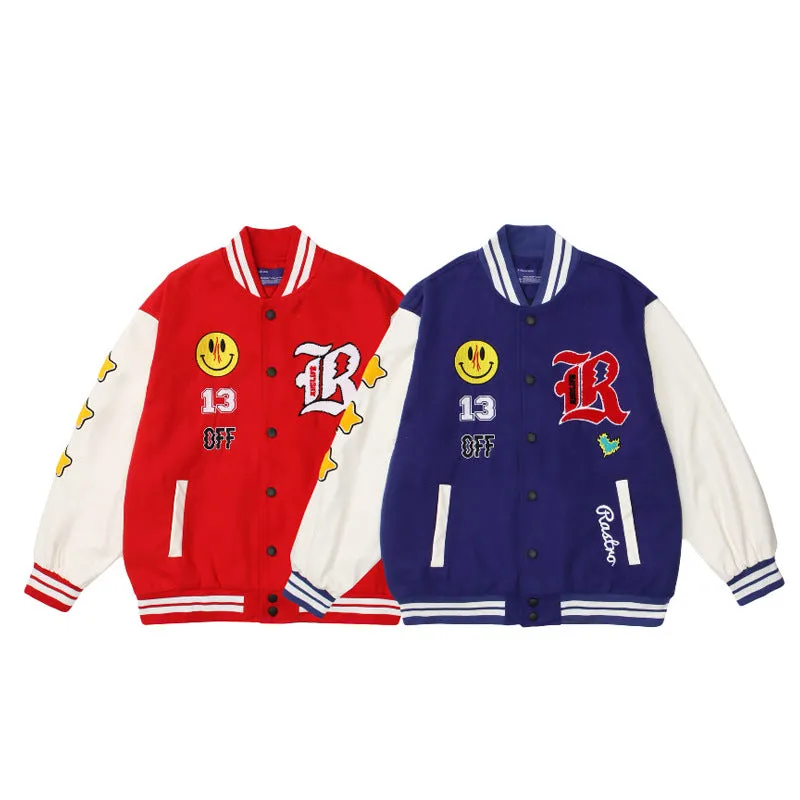 Red Varsity Jacket Vintage Smiling Face Embroidery Hip Hop Baseball Uniform PU Leather Sleeve Hip Hop Jacket