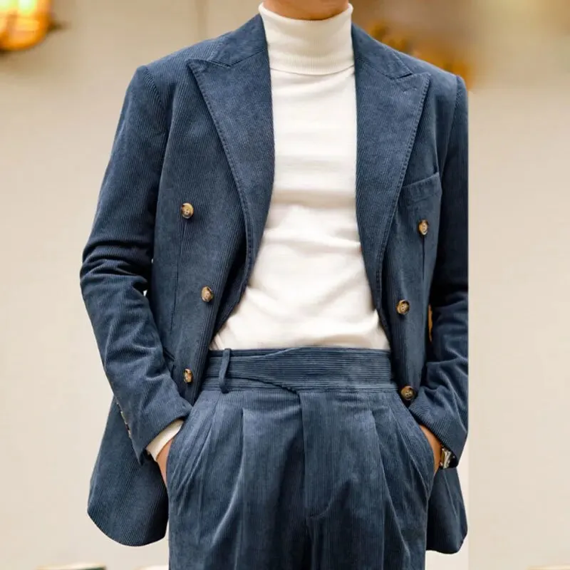 Retro Corduroy Double-Breasted Suit