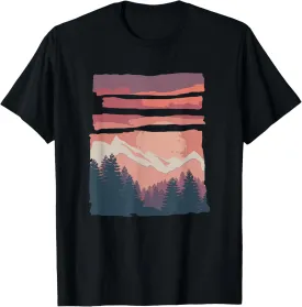 Retro Landscape Mountain Trees Sunset T-Shirt