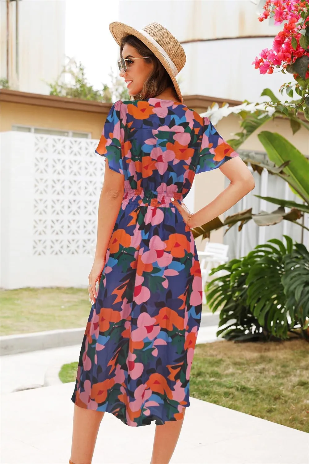 ROYLAMP Women's Floral Button Up Split Dress Deep V Short Bell Sleeve Casual Midi Dress with Pockets
