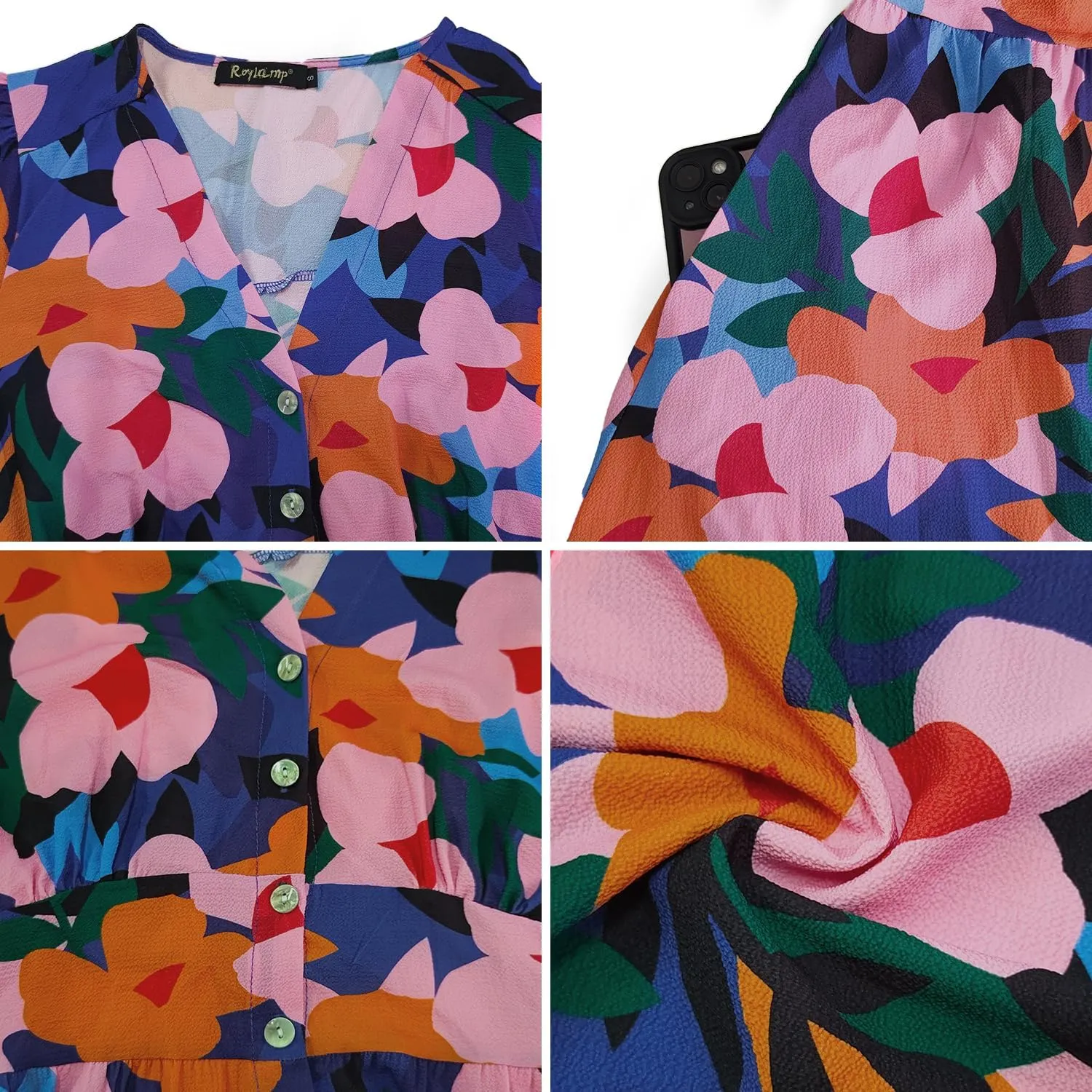 ROYLAMP Women's Floral Button Up Split Dress Deep V Short Bell Sleeve Casual Midi Dress with Pockets