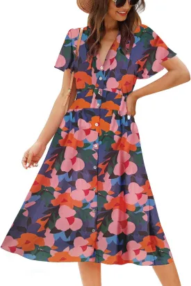 ROYLAMP Women's Floral Button Up Split Dress Deep V Short Bell Sleeve Casual Midi Dress with Pockets