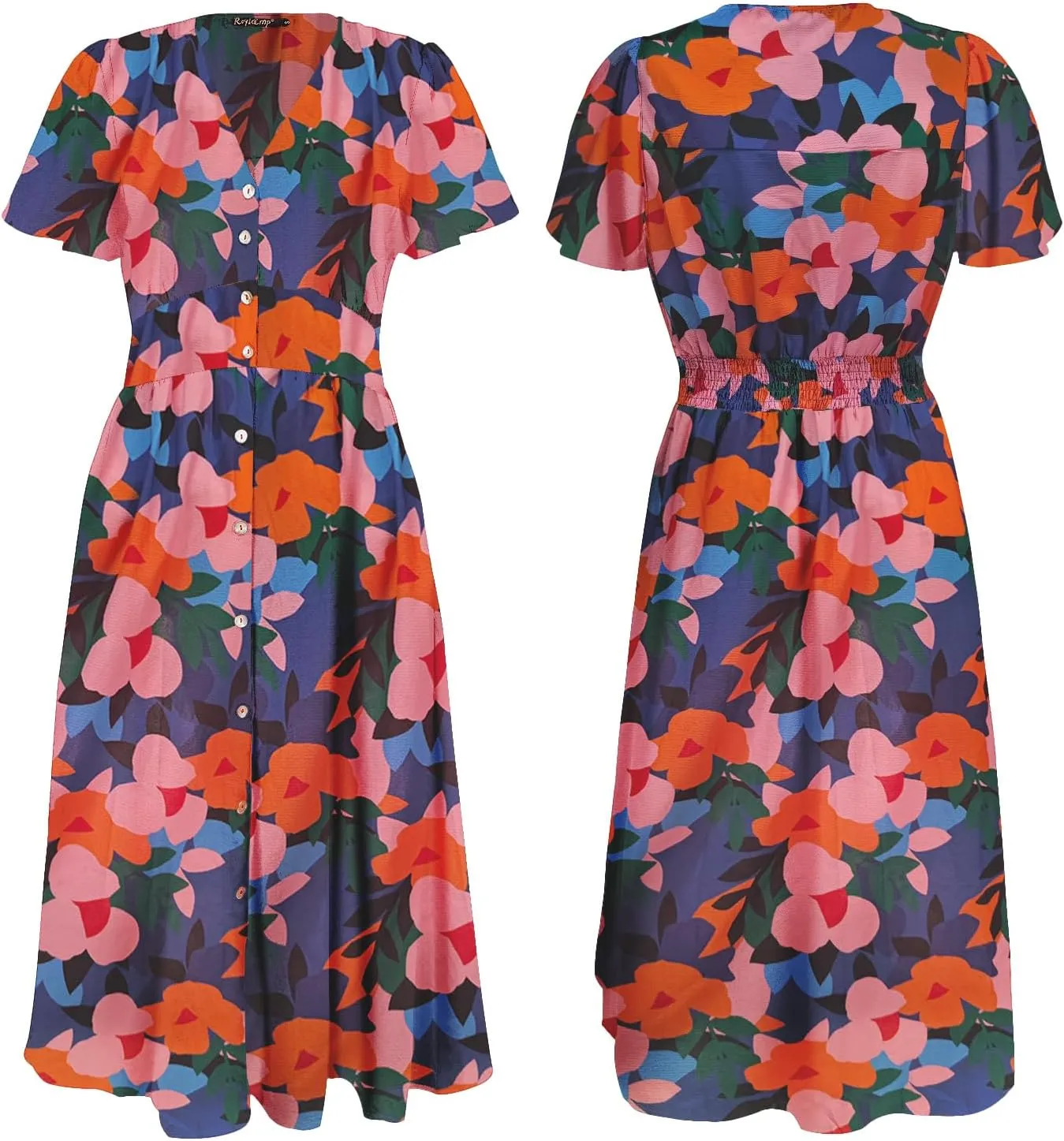 ROYLAMP Women's Floral Button Up Split Dress Deep V Short Bell Sleeve Casual Midi Dress with Pockets