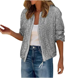 Sequin Jackets for Women Casual Sparkly Zip Up Bomber Jacket Dressy Glitter Loose Coat Outerwear Blazer Party Outfit