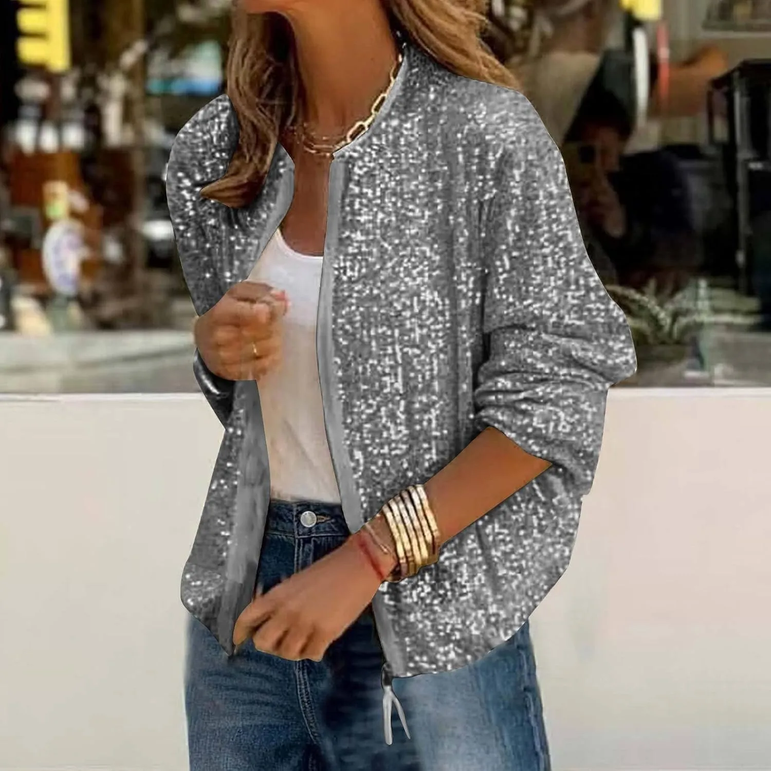 Sequin Jackets for Women Casual Sparkly Zip Up Bomber Jacket Dressy Glitter Loose Coat Outerwear Blazer Party Outfit