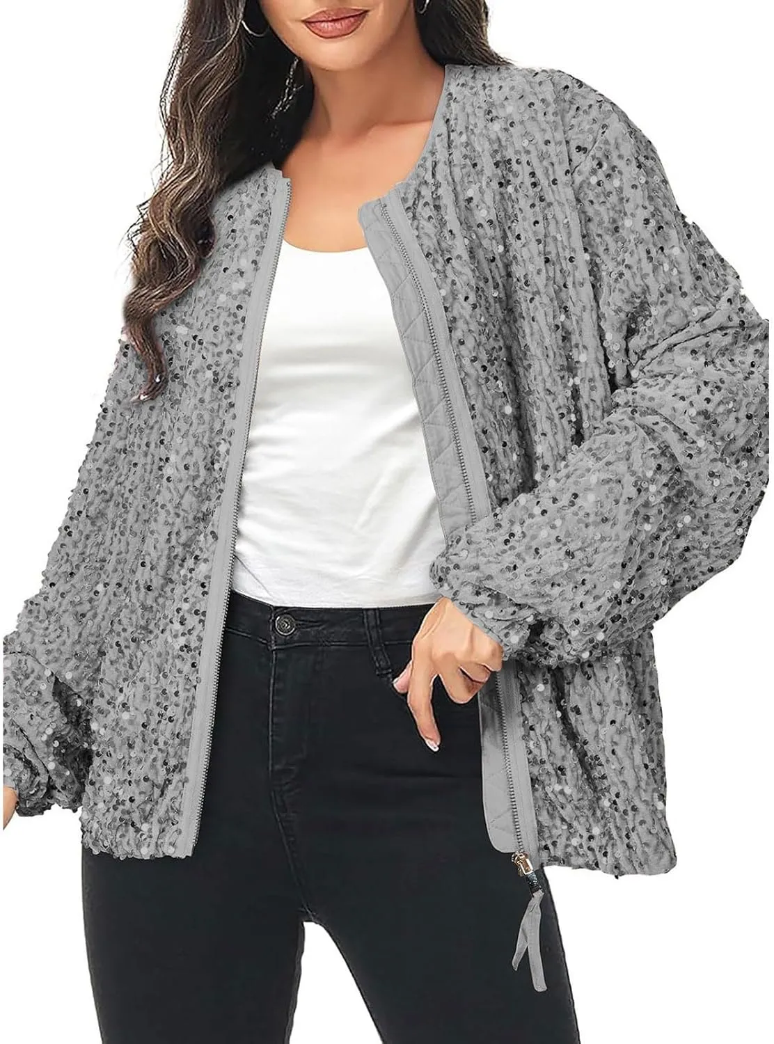 Sequin Jackets for Women Casual Sparkly Zip Up Bomber Jacket Dressy Glitter Loose Coat Outerwear Blazer Party Outfit