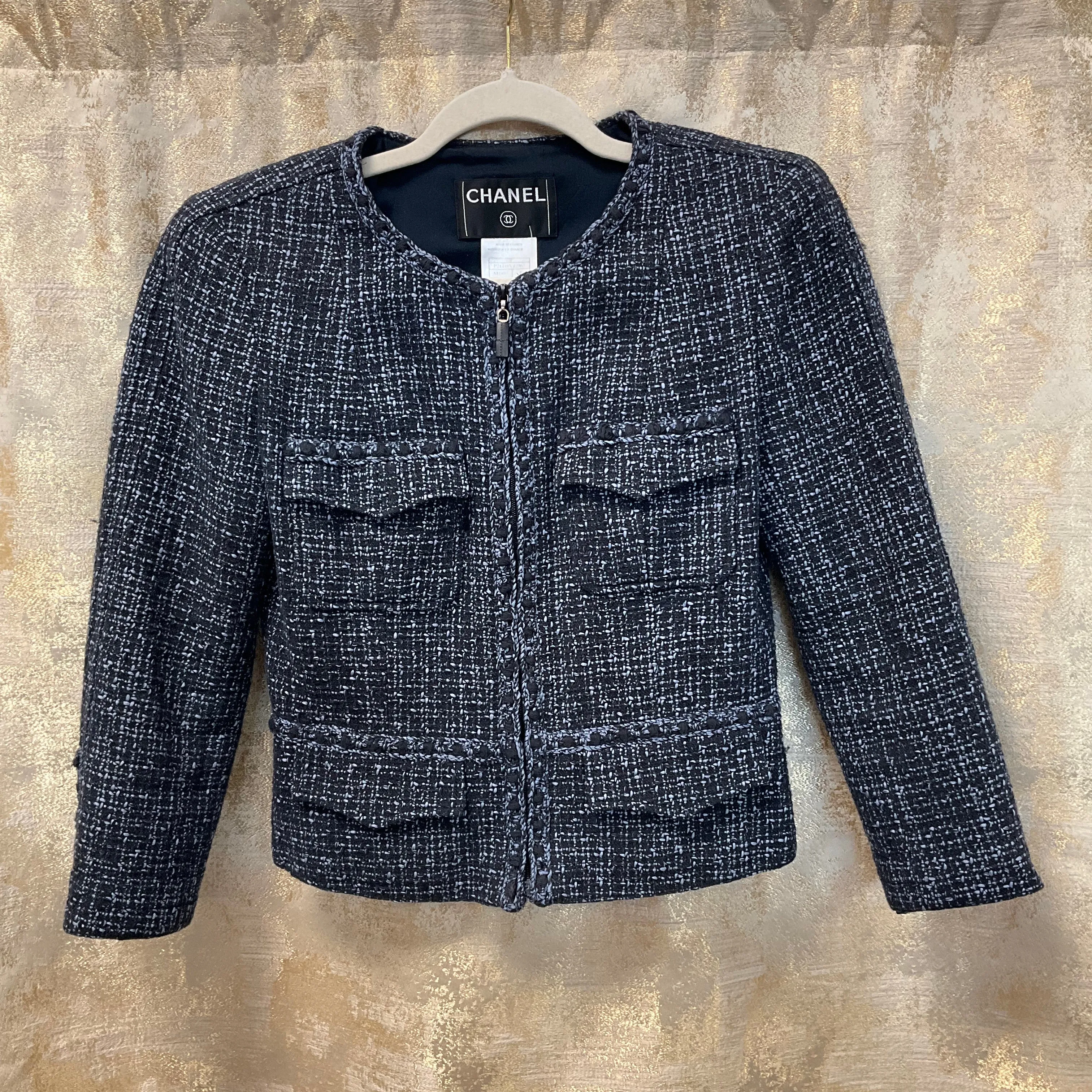 SIZE 40 CHANEL Blue Zip Tweed Jacket