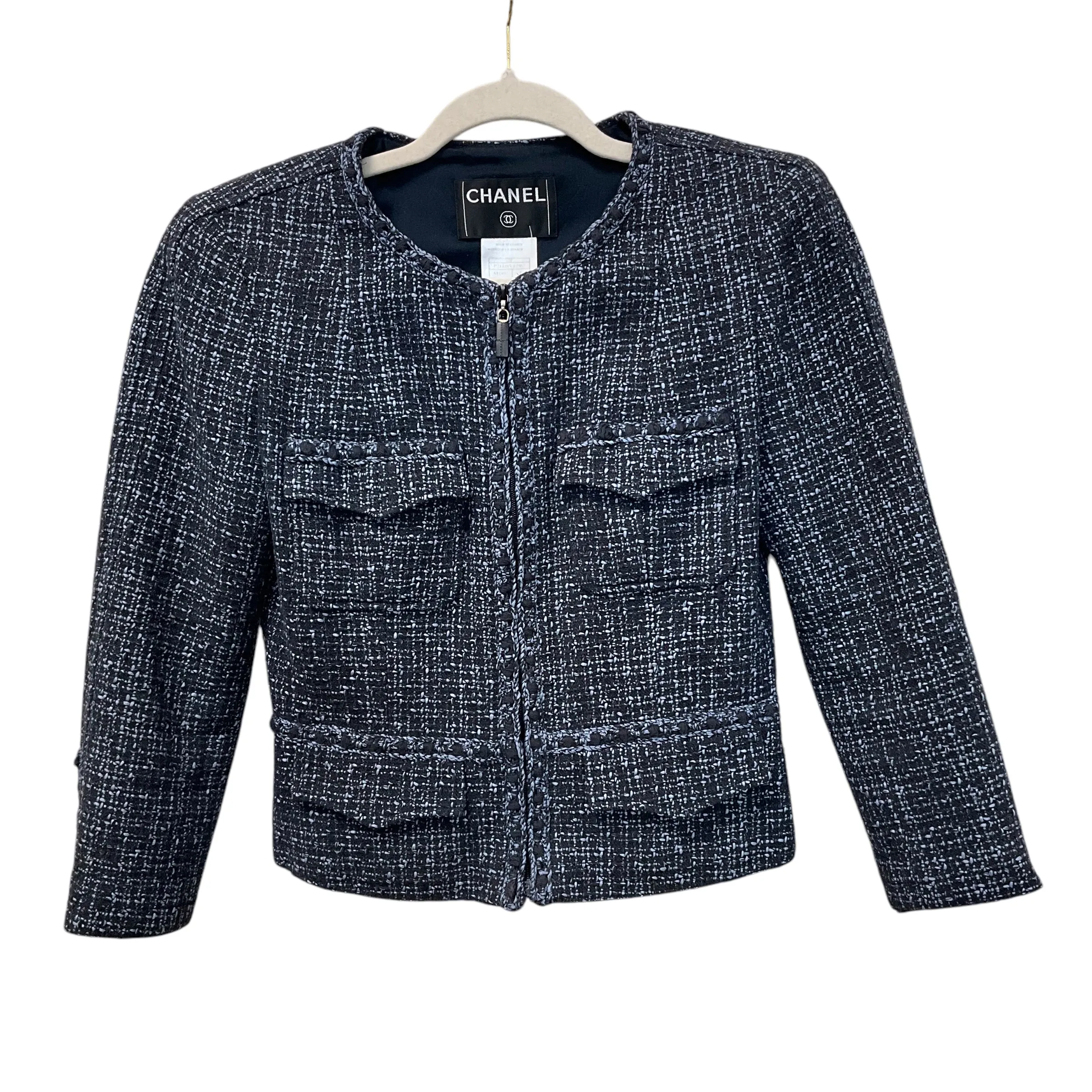 SIZE 40 CHANEL Blue Zip Tweed Jacket