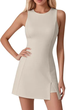 Skort Dress for Women Sleeveless Bodycon Side Slit Mini Tennis Dress with Shorts Cute Summer Active Comfy Shift Dresses