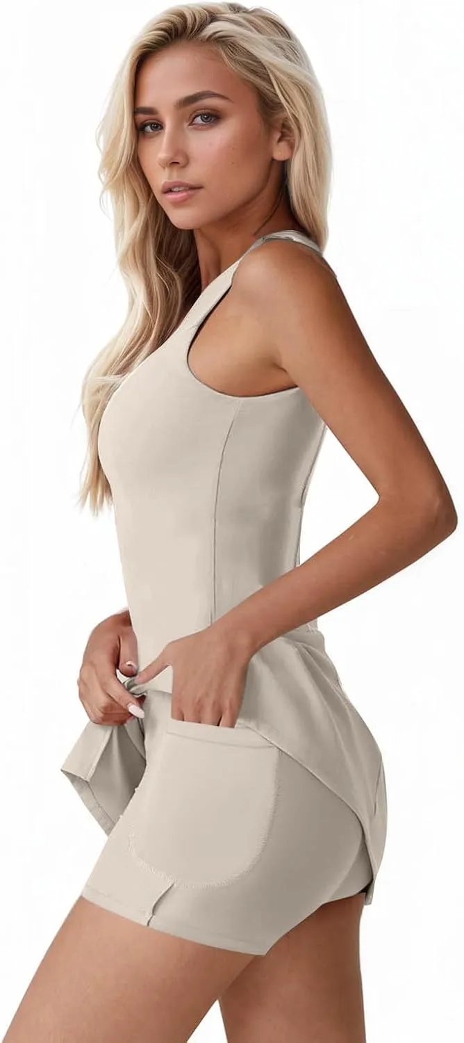 Skort Dress for Women Sleeveless Bodycon Side Slit Mini Tennis Dress with Shorts Cute Summer Active Comfy Shift Dresses