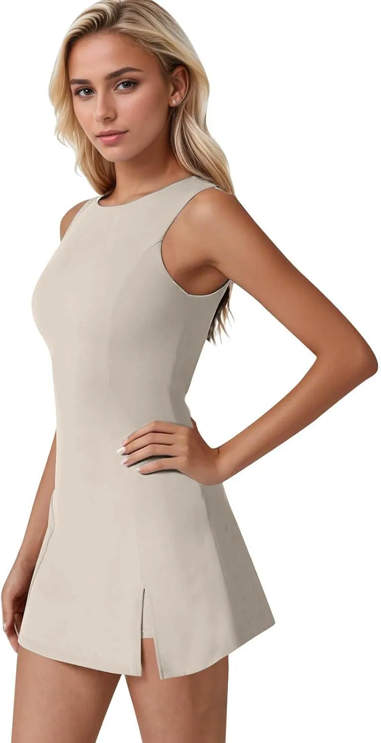 Skort Dress for Women Sleeveless Bodycon Side Slit Mini Tennis Dress with Shorts Cute Summer Active Comfy Shift Dresses