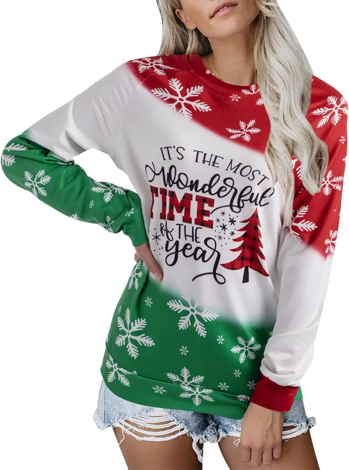 TAOHONG Merry Christmas Sweatshirt Women Xmas Buffalo Plaid Tree Color Block Christmas Snowflake Print Long Sleeve Top Shirts