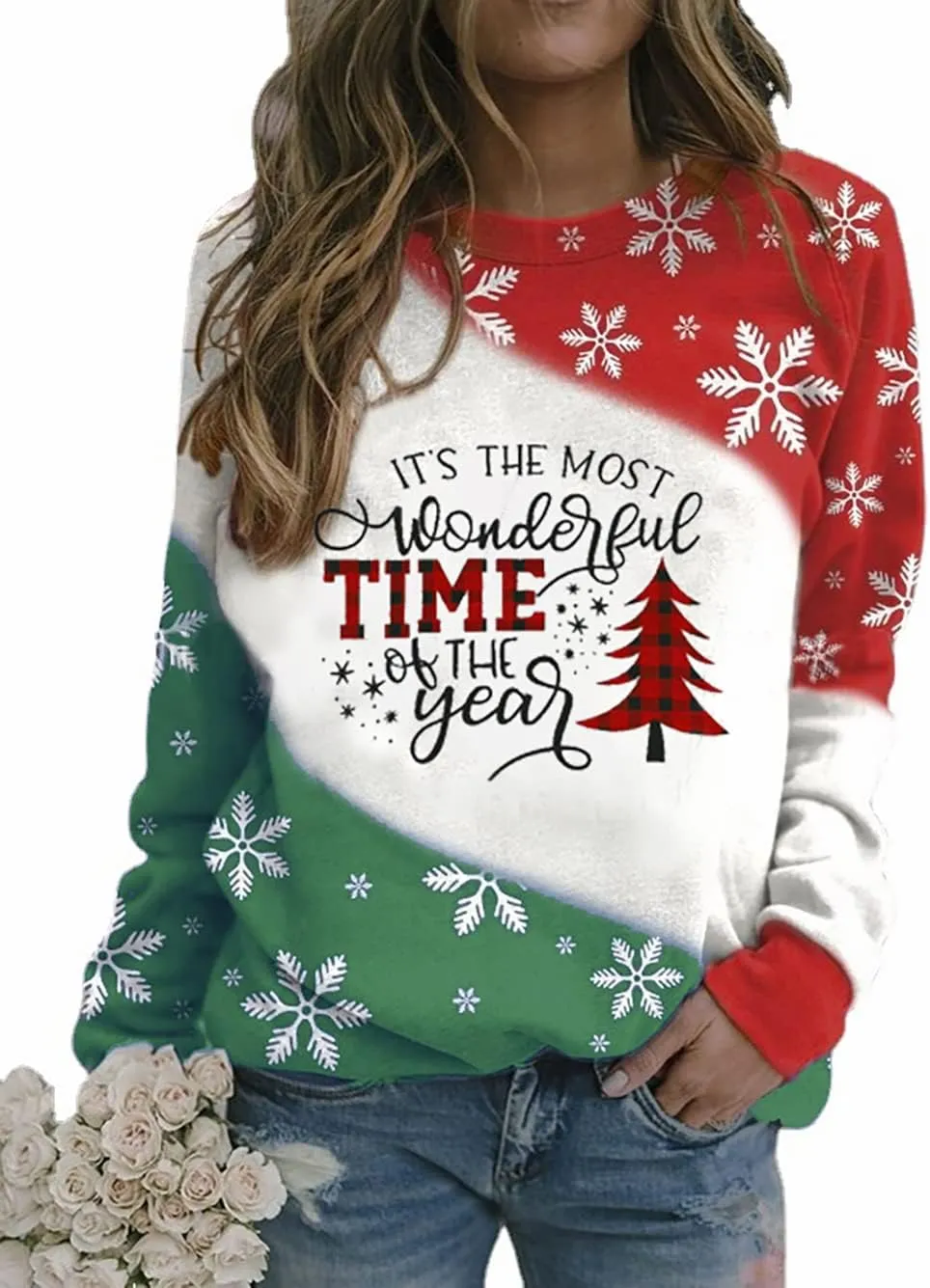TAOHONG Merry Christmas Sweatshirt Women Xmas Buffalo Plaid Tree Color Block Christmas Snowflake Print Long Sleeve Top Shirts