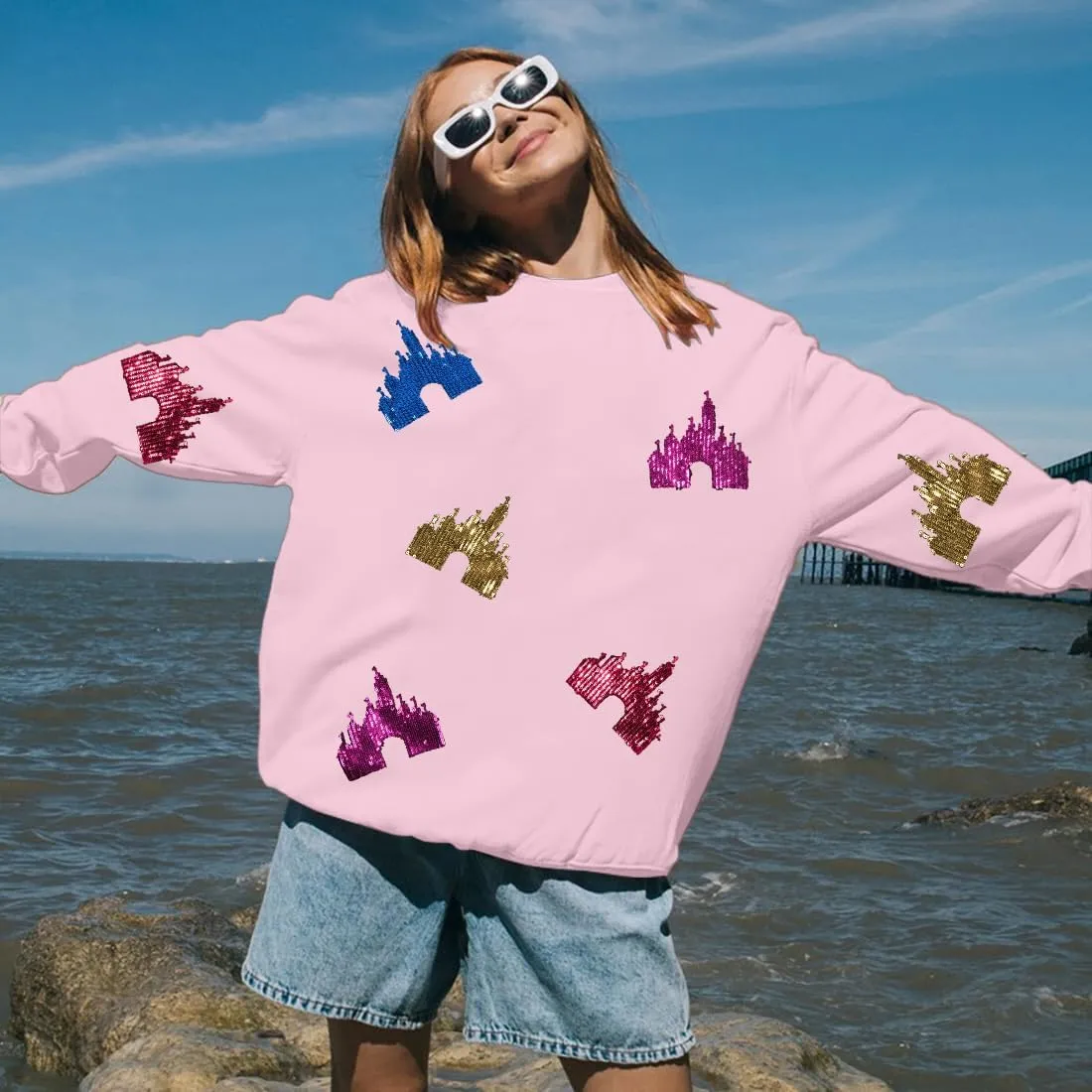 UNIQUEONE Oversized Bow Sweatshirt Womens Magic Kingdom Tee Shirt Colorful Pastel Bows Graphic Sweatshirts Holiday Pullover