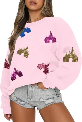 UNIQUEONE Oversized Bow Sweatshirt Womens Magic Kingdom Tee Shirt Colorful Pastel Bows Graphic Sweatshirts Holiday Pullover