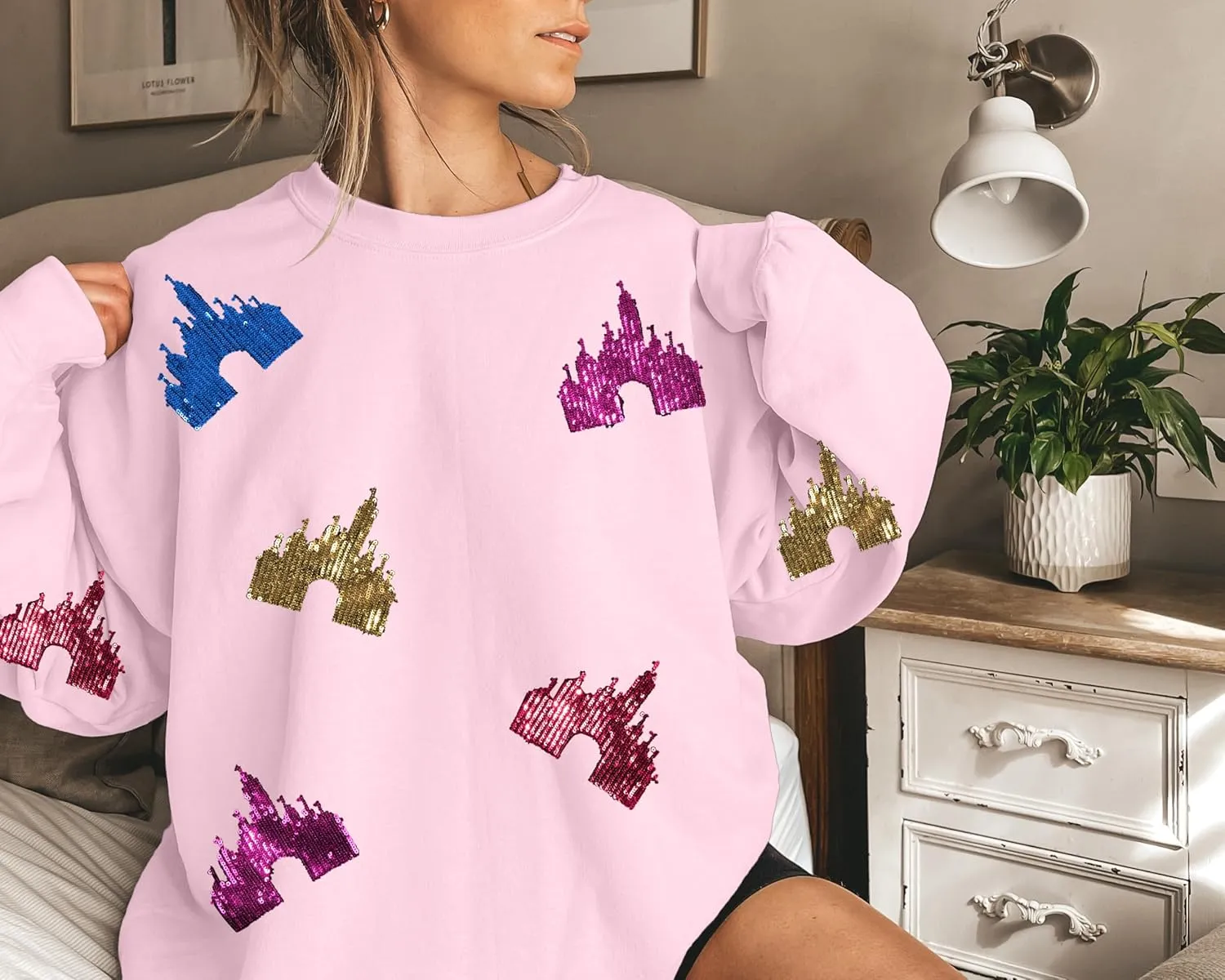 UNIQUEONE Oversized Bow Sweatshirt Womens Magic Kingdom Tee Shirt Colorful Pastel Bows Graphic Sweatshirts Holiday Pullover