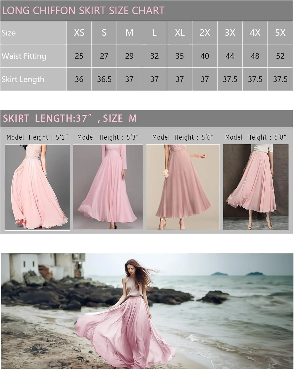 v28 Women Full/Ankle Length Elastic Pleated Retro Maxi Chiffon Long Skirt