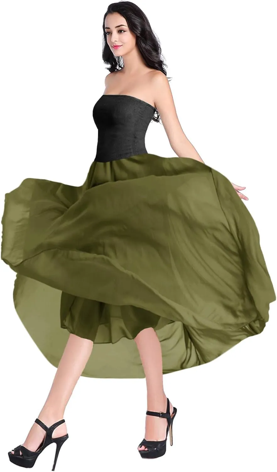 v28 Women Full/Ankle Length Elastic Pleated Retro Maxi Chiffon Long Skirt