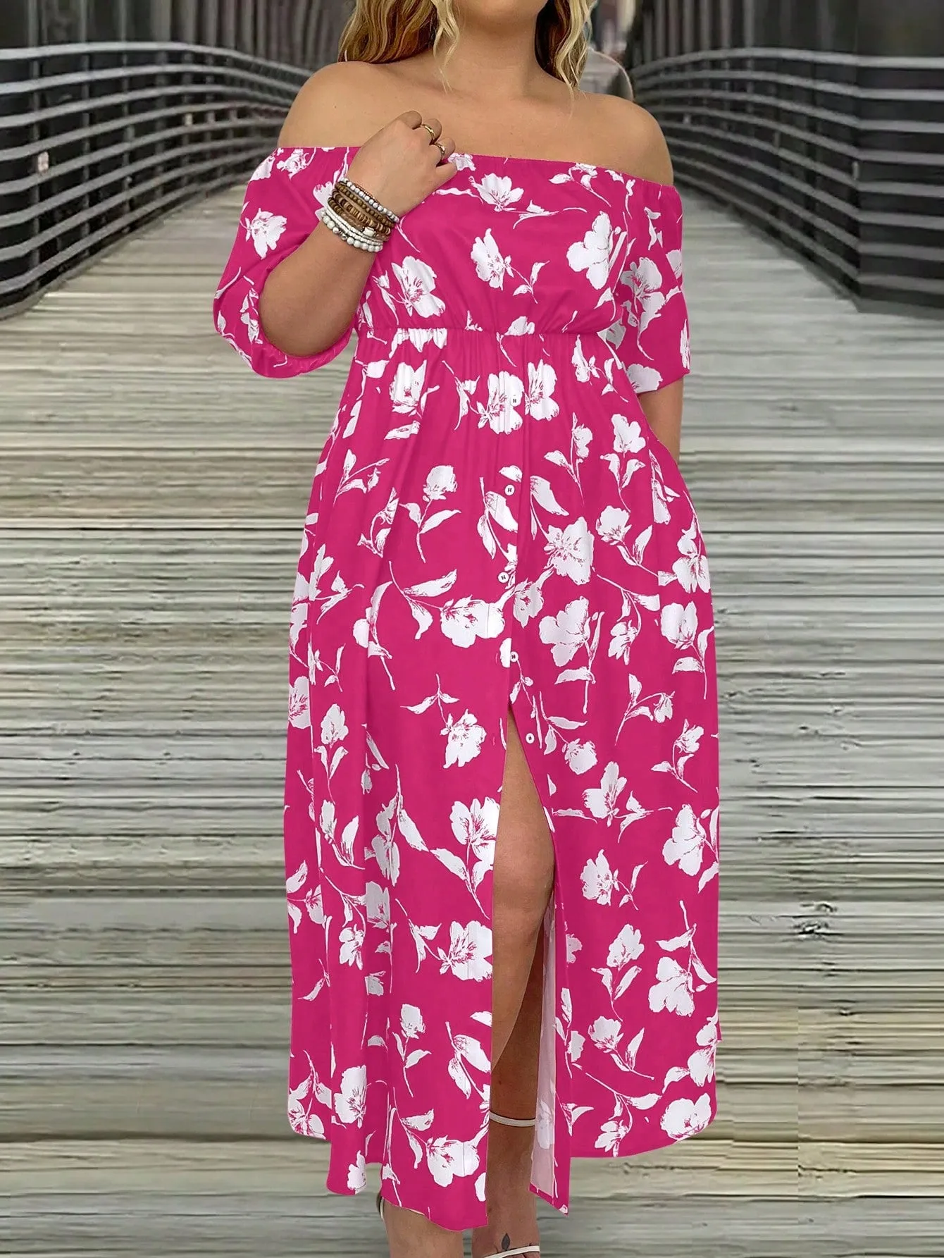 VCAY Women's Plus Size Floral Printed Off Shoulder Slit Dress