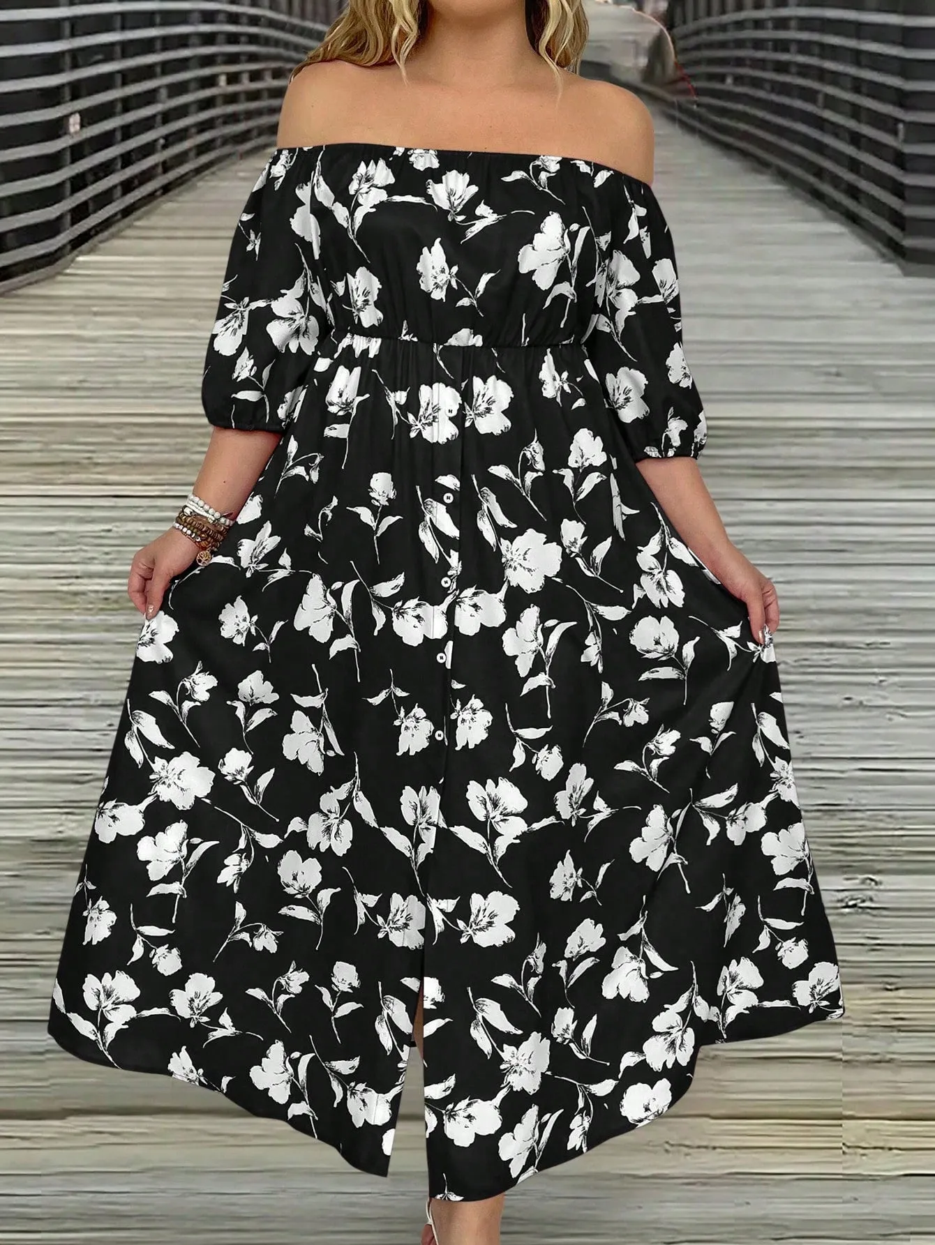 VCAY Women's Plus Size Floral Printed Off Shoulder Slit Dress