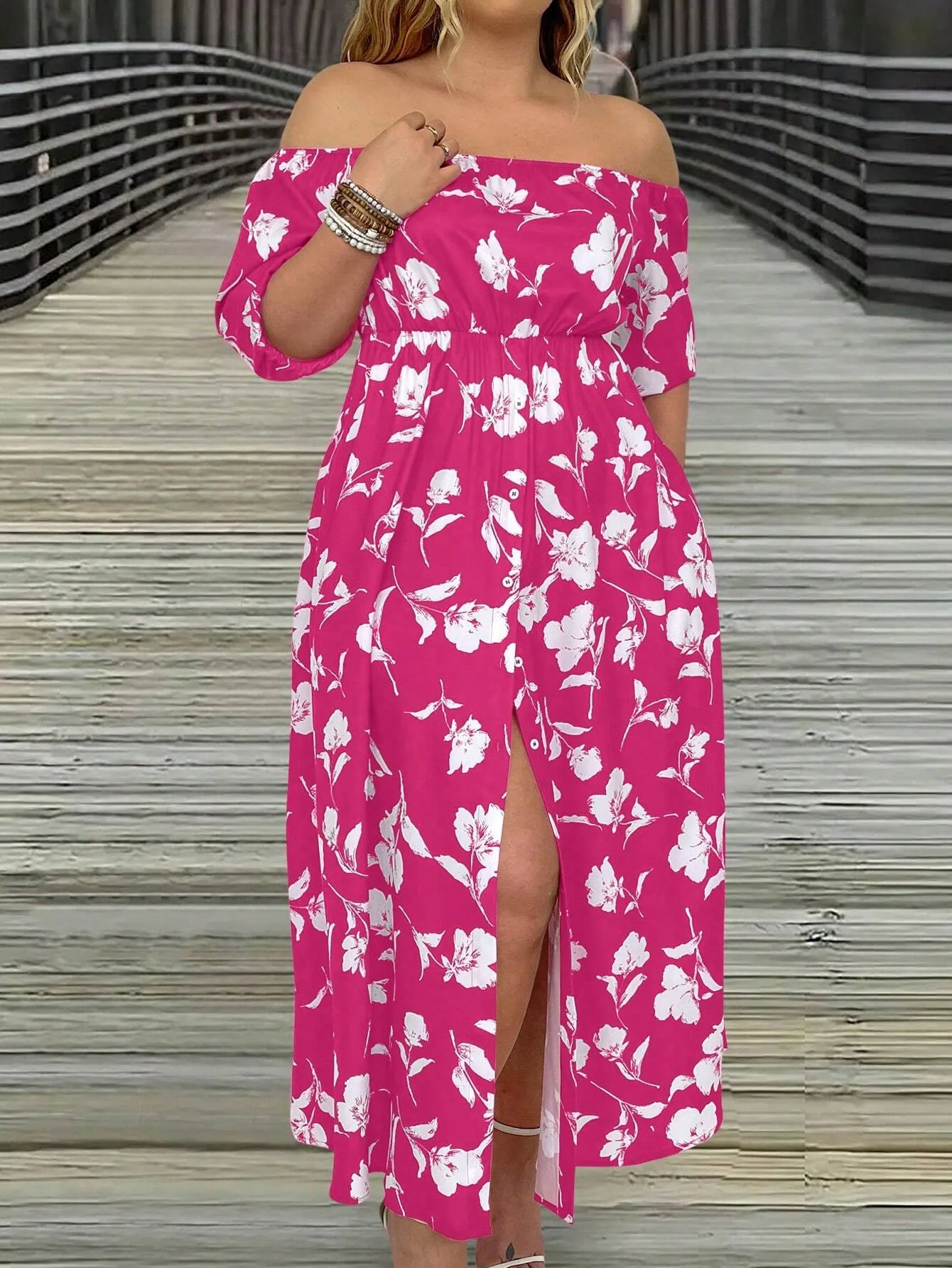 VCAY Women's Plus Size Floral Printed Off Shoulder Slit Dress