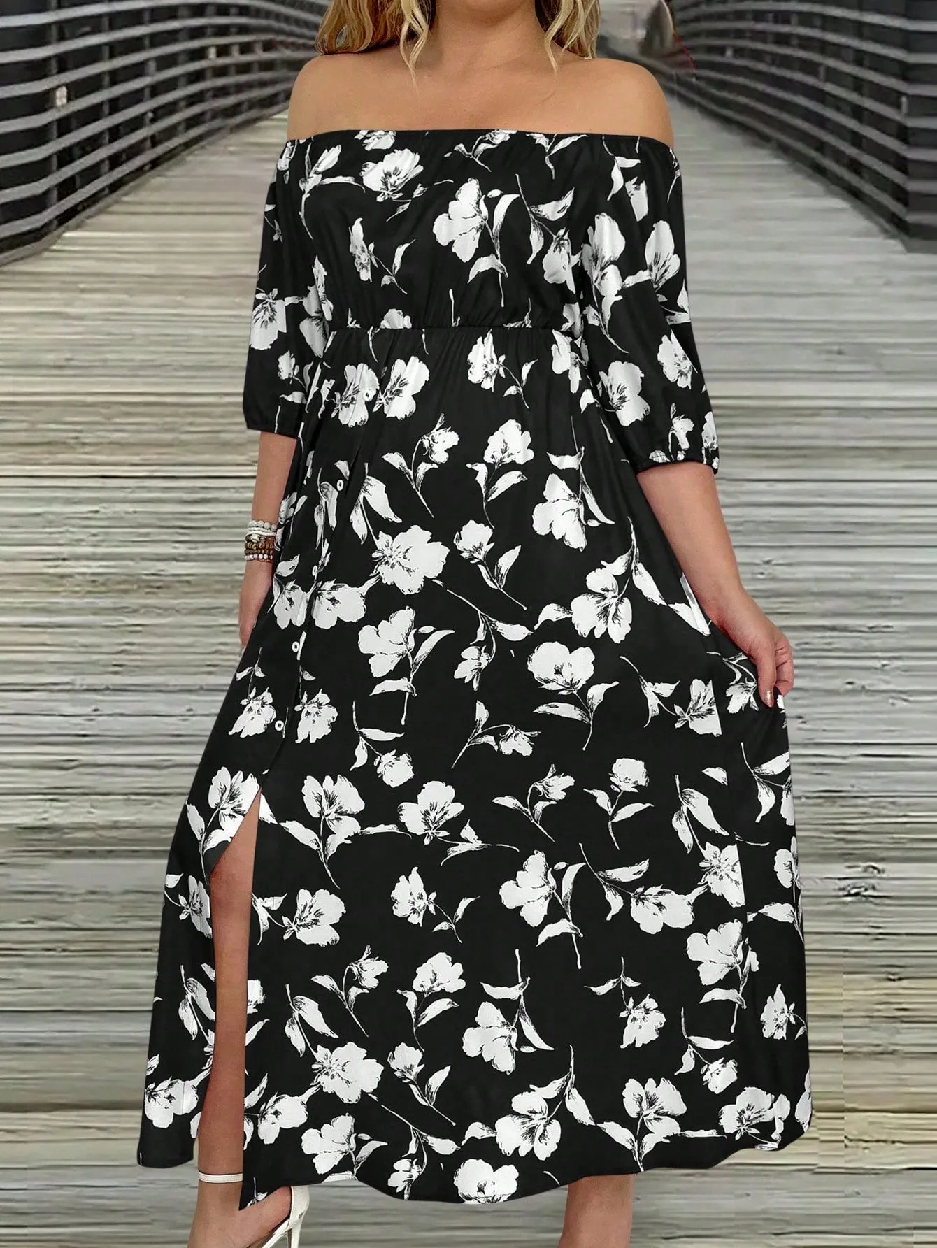 VCAY Women's Plus Size Floral Printed Off Shoulder Slit Dress
