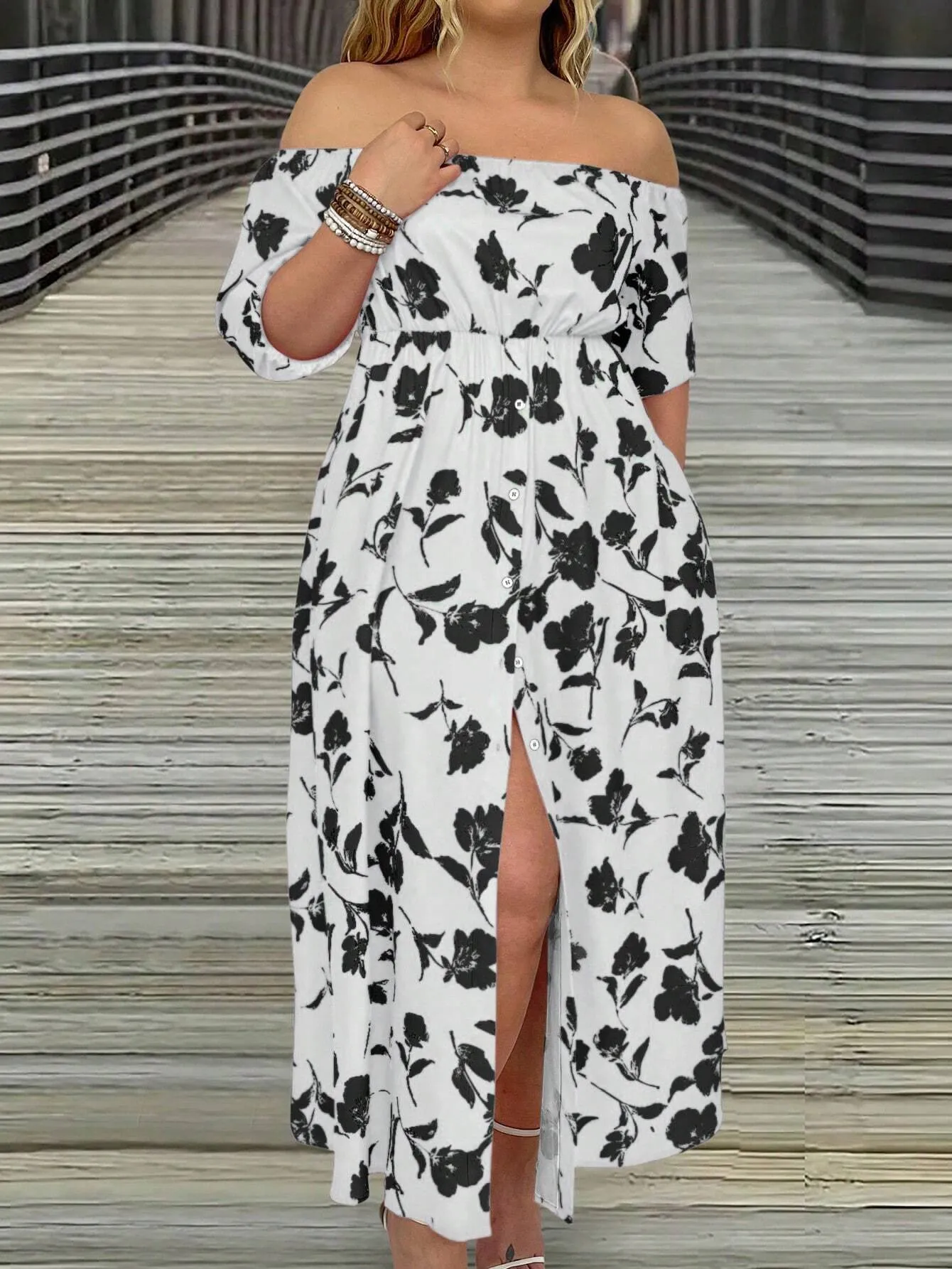 VCAY Women's Plus Size Floral Printed Off Shoulder Slit Dress