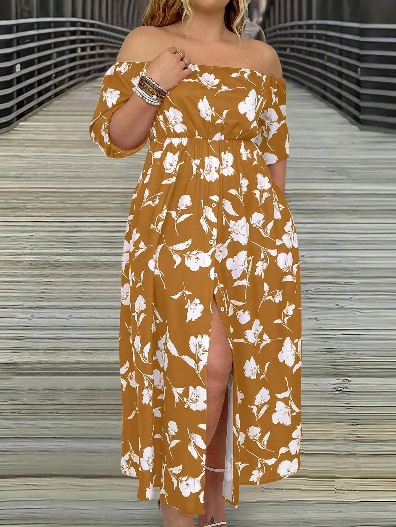 VCAY Women's Plus Size Floral Printed Off Shoulder Slit Dress