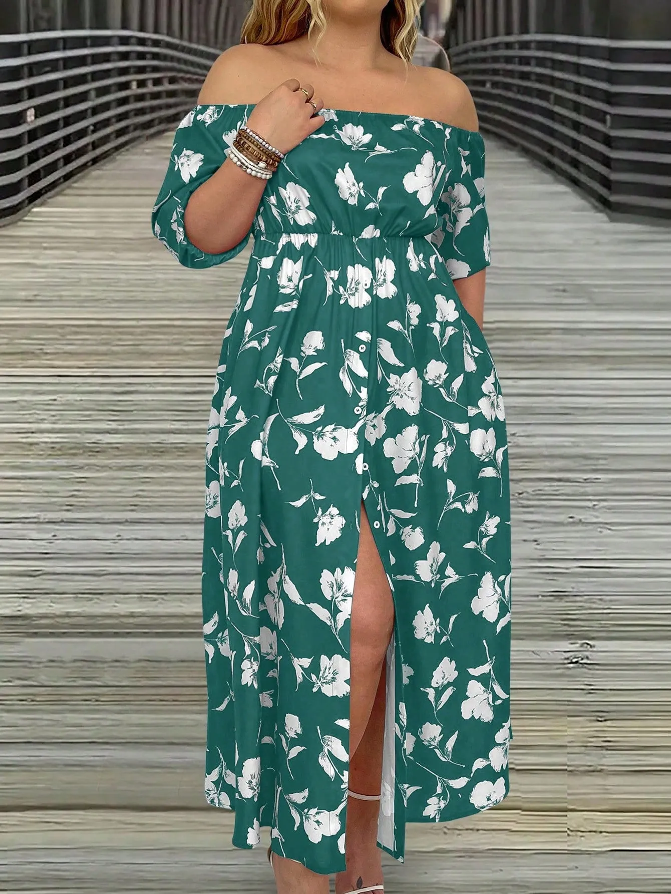 VCAY Women's Plus Size Floral Printed Off Shoulder Slit Dress