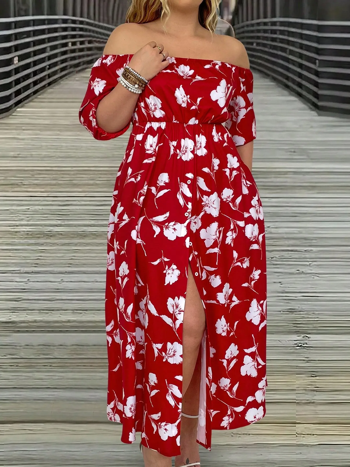 VCAY Women's Plus Size Floral Printed Off Shoulder Slit Dress