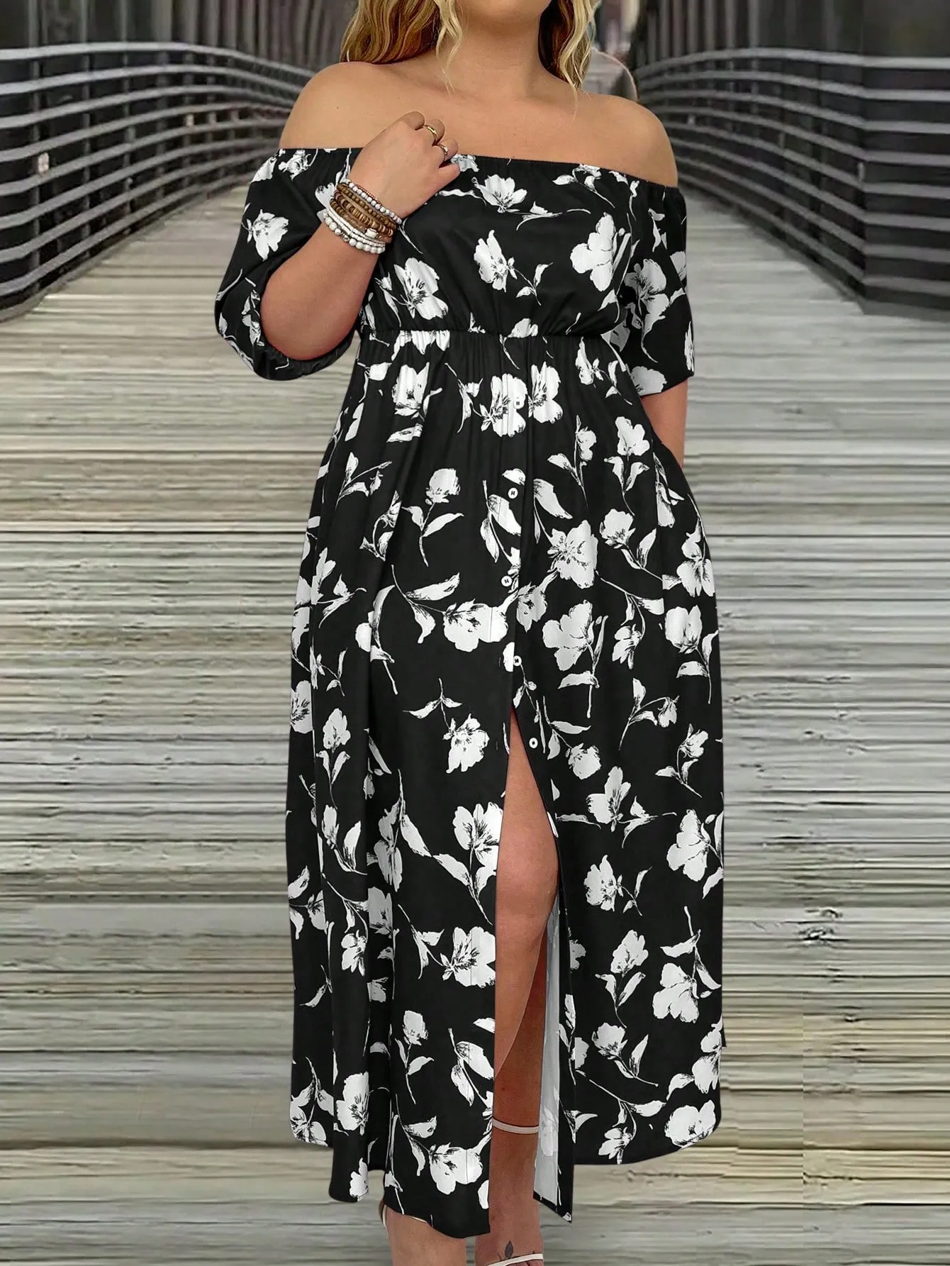 VCAY Women's Plus Size Floral Printed Off Shoulder Slit Dress