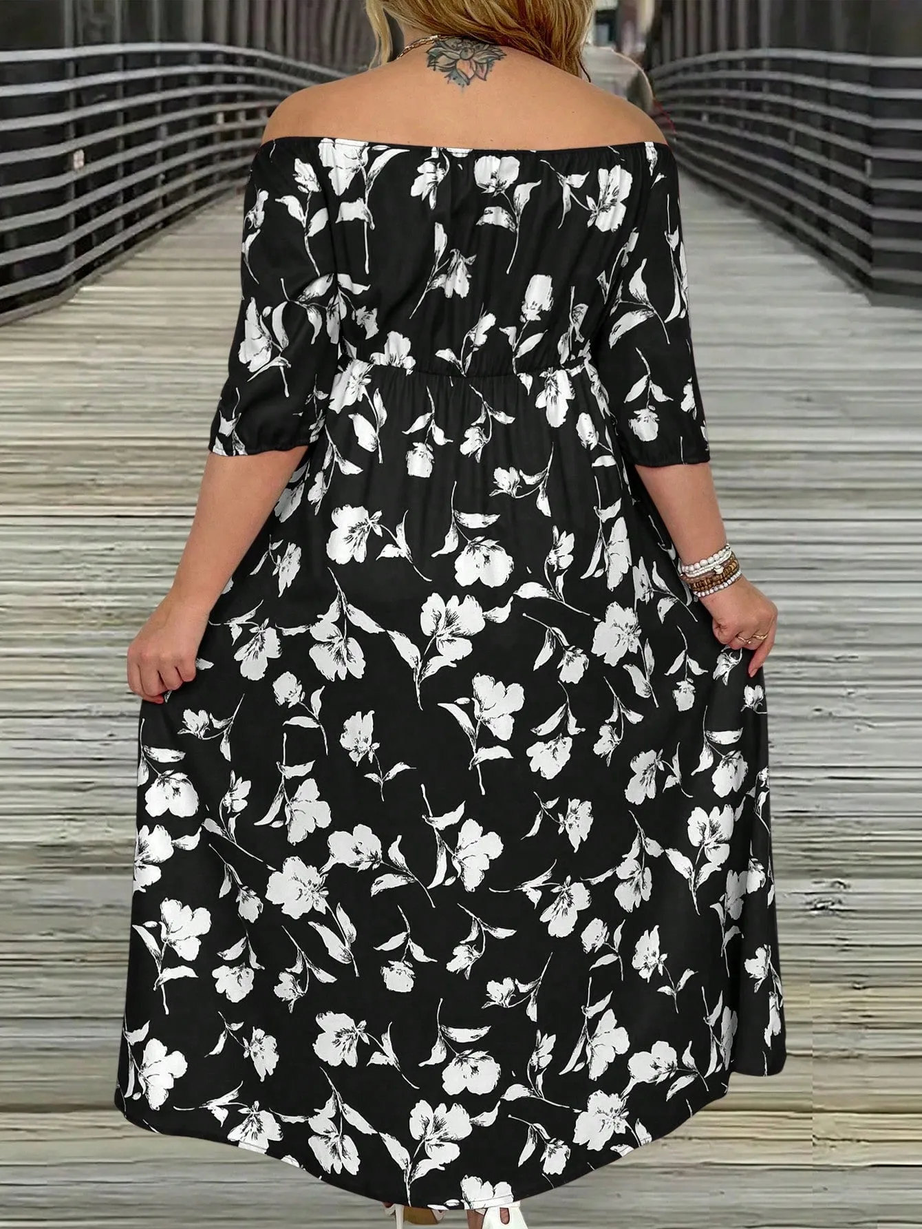 VCAY Women's Plus Size Floral Printed Off Shoulder Slit Dress