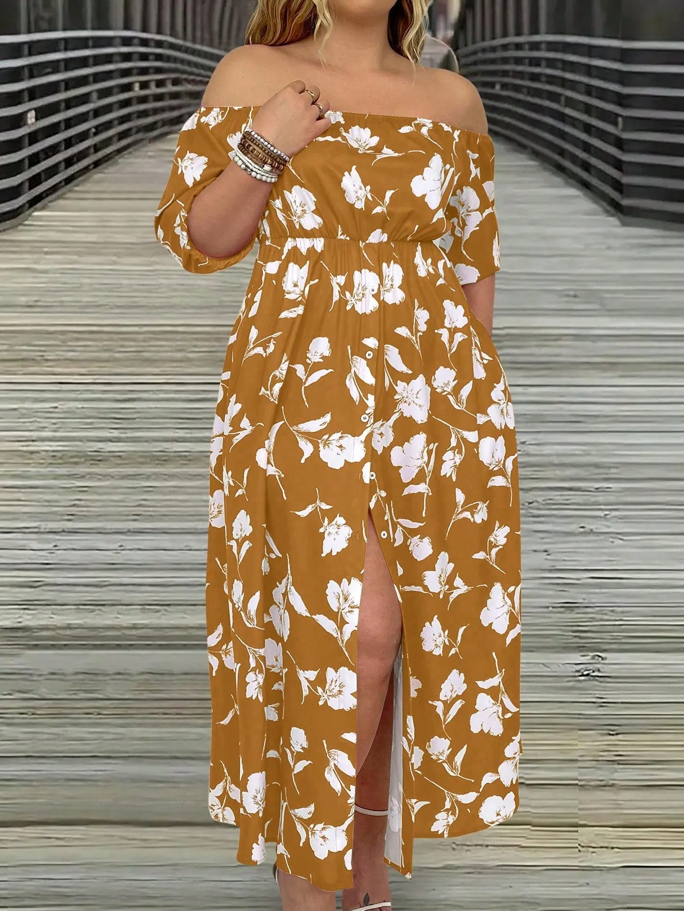 VCAY Women's Plus Size Floral Printed Off Shoulder Slit Dress