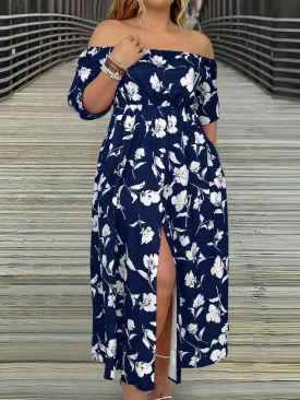 VCAY Women's Plus Size Floral Printed Off Shoulder Slit Dress