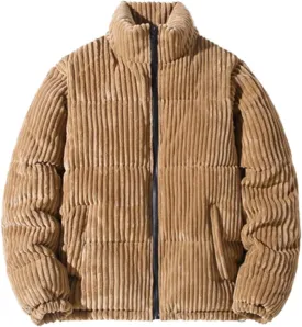 Verlas Mens Quilted Bubble Puffer Corduroy Jacket Mock Neck Zip Up Long Sleeve Winter Bomber Coat Fall Ribbed Tops Outerwear
