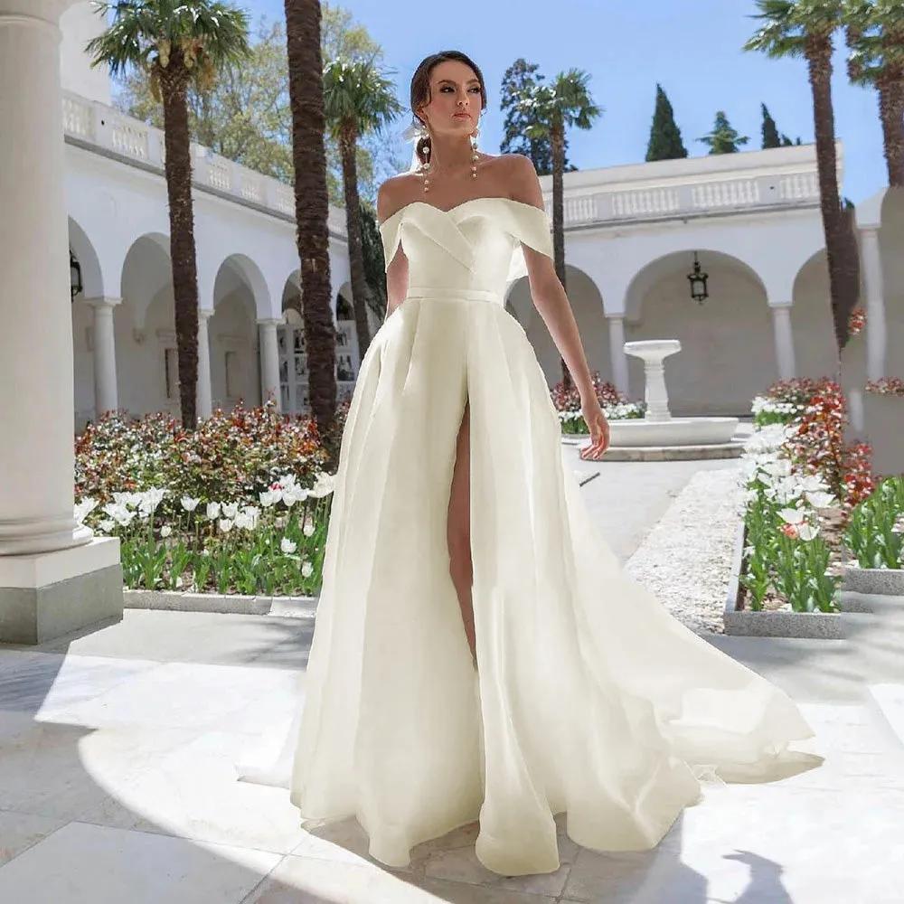 White Organza A-Line Wedding Bridal Gowns Off The Shoulder High Slit Bridal Dress