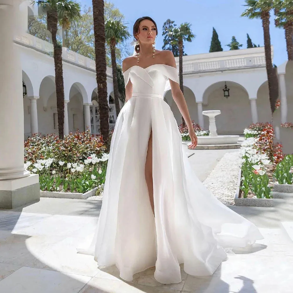 White Organza A-Line Wedding Bridal Gowns Off The Shoulder High Slit Bridal Dress