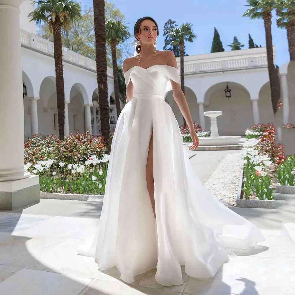 White Organza A-Line Wedding Bridal Gowns Off The Shoulder High Slit Bridal Dress