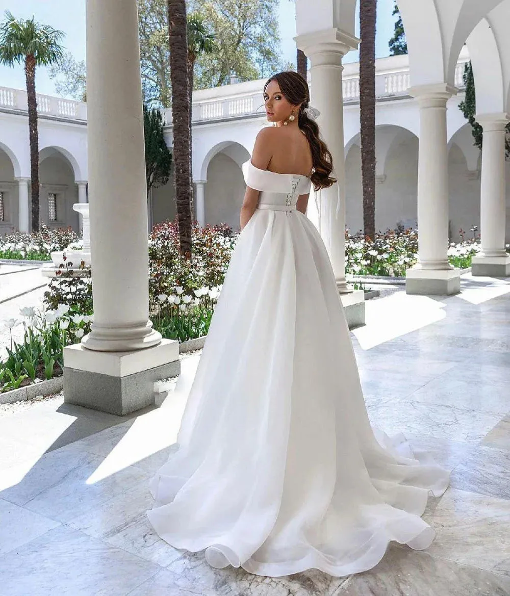 White Organza A-Line Wedding Bridal Gowns Off The Shoulder High Slit Bridal Dress