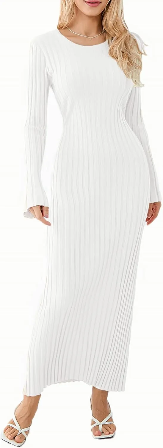 Women Sweater Dress Ribbed Long Sleeve Crewneck Knit Slim Fit Bodycon Dress Fall Maxi Long Dress