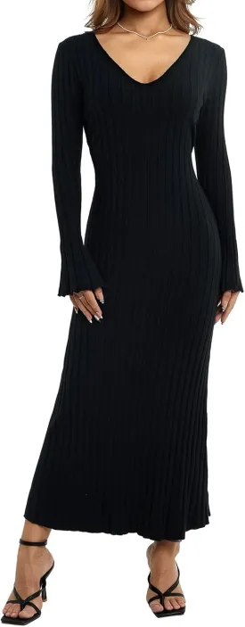 Women Sweater Dress Ribbed Long Sleeve Crewneck Knit Slim Fit Bodycon Dress Fall Maxi Long Dress
