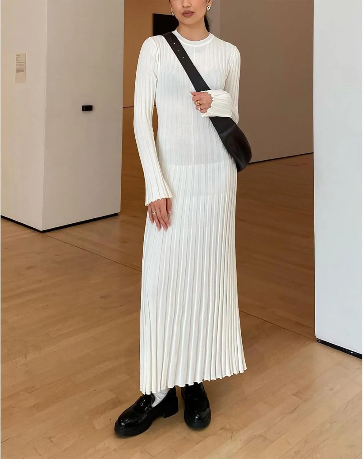 Women Sweater Dress Ribbed Long Sleeve Crewneck Knit Slim Fit Bodycon Dress Fall Maxi Long Dress