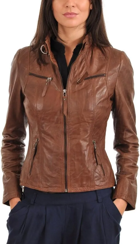 Womens Browny Coded Lambskin Genuine Leather Jacket, Biker Jacket